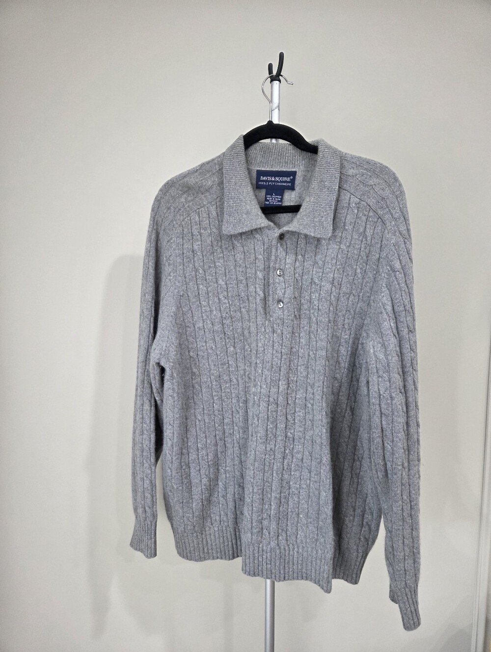Davis & Squire Gray Cable-Knit Polo Sweater 2ply Cashemere Sz.L
